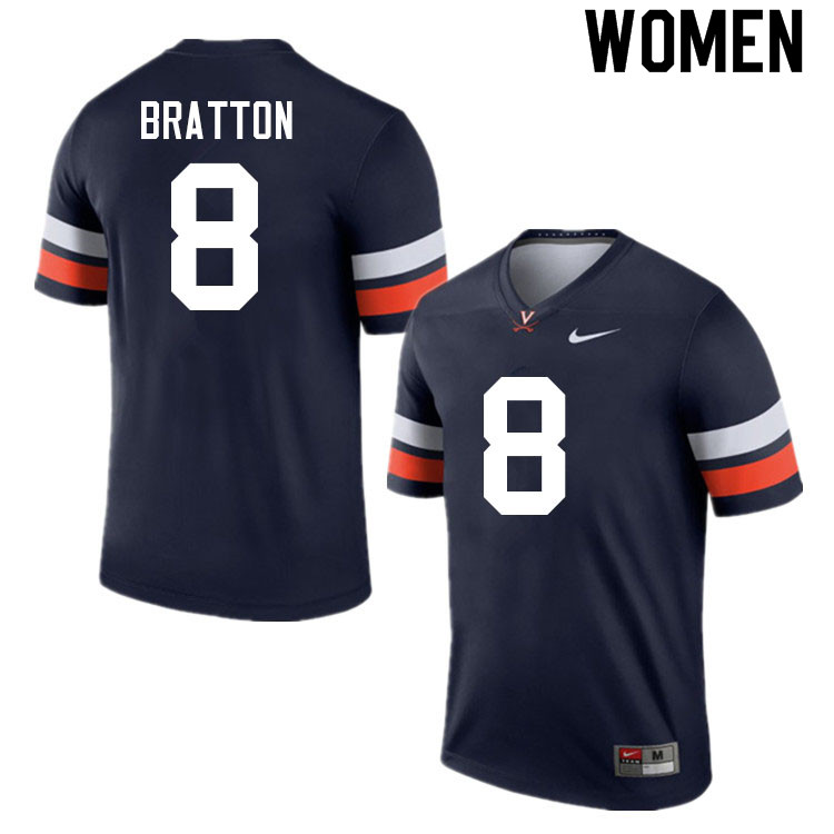 Women #8 Darrius Bratton Virginia Cavaliers College Football Jerseys Sale-Navy